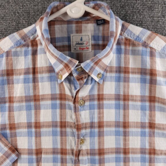 Johnnie-o Plaid Blue Brown Button Up Shirt Medium Lightweight Short Sleeve - Picture 1 of 13